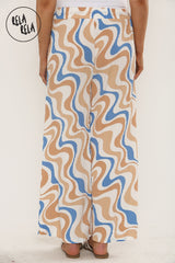 Printed Palazzo Trousers Plisse Baggy Flared Wide Leg Full Length Trousers in Beige