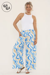 Printed Palazzo Trousers Plisse Baggy Flared Wide Leg Full Length Trousers in Royal Blue