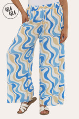 Printed Palazzo Trousers Plisse Baggy Flared Wide Leg Full Length Trousers in Royal Blue