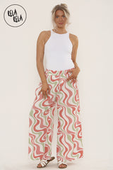 Printed Palazzo Trousers Plisse Baggy Flared Wide Leg Full Length Trousers in Dust Pink
