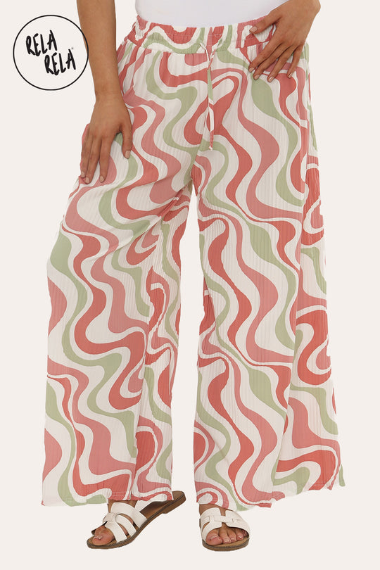 Printed Palazzo Trousers Plisse Baggy Flared Wide Leg Full Length Trousers in Dust Pink