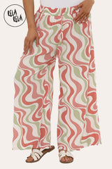 Printed Palazzo Trousers Plisse Baggy Flared Wide Leg Full Length Trousers in Dust Pink
