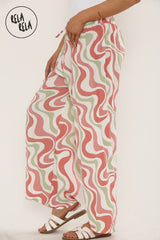 Printed Palazzo Trousers Plisse Baggy Flared Wide Leg Full Length Trousers in Dust Pink