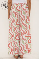 Printed Palazzo Trousers Plisse Baggy Flared Wide Leg Full Length Trousers in Dust Pink