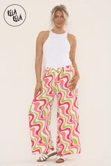 Printed Palazzo Trousers Plisse Baggy Flared Wide Leg Full Length Trousers in Hot Pink