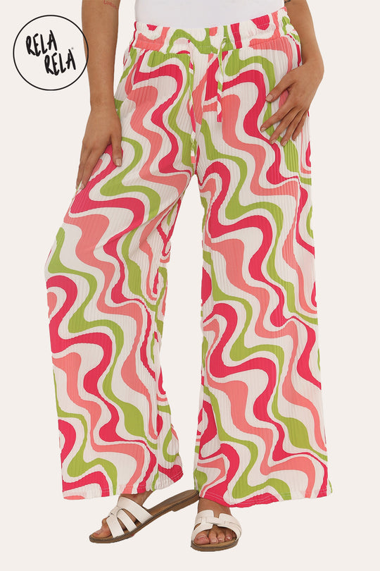 Printed Palazzo Trousers Plisse Baggy Flared Wide Leg Full Length Trousers in Hot Pink