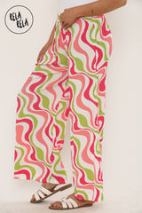 Printed Palazzo Trousers Plisse Baggy Flared Wide Leg Full Length Trousers in Hot Pink