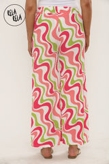 Printed Palazzo Trousers Plisse Baggy Flared Wide Leg Full Length Trousers in Hot Pink