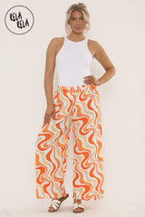 Printed Palazzo Trousers Plisse Baggy Flared Wide Leg Full Length Trousers in Orange