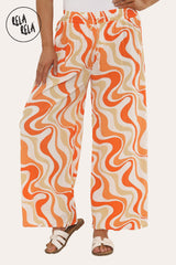 Printed Palazzo Trousers Plisse Baggy Flared Wide Leg Full Length Trousers in Orange