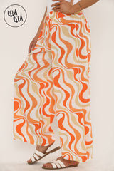 Printed Palazzo Trousers Plisse Baggy Flared Wide Leg Full Length Trousers in Orange