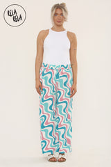 Printed Palazzo Trousers Plisse Baggy Flared Wide Leg Full Length Trousers in Turquoise