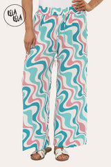Printed Palazzo Trousers Plisse Baggy Flared Wide Leg Full Length Trousers in Turquoise