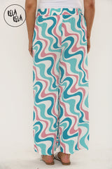 Printed Palazzo Trousers Plisse Baggy Flared Wide Leg Full Length Trousers in Turquoise