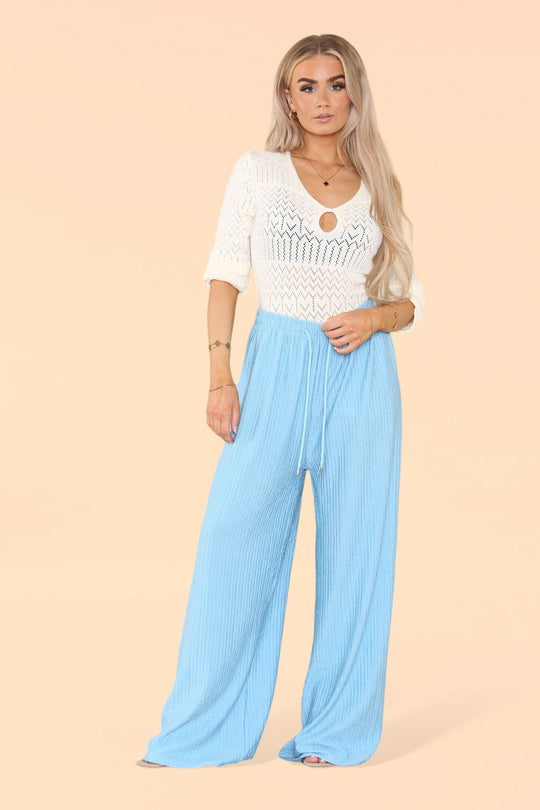 Wide Leg Elasticated Trousers with Soft Texture in Baby Blue