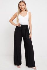 ladies wide leg trousers with elasticated waist in Black