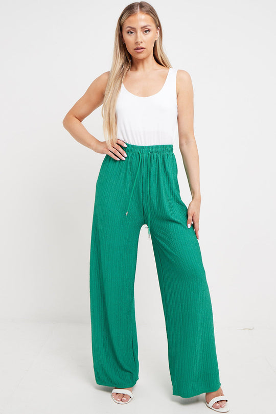 Wide Leg Elasticated Trousers with Soft Texture in Green