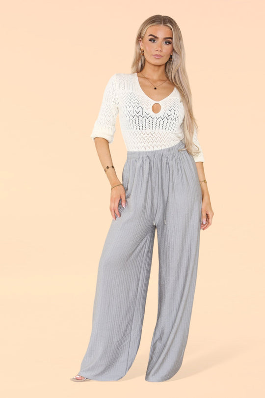 Wide Leg Elasticated Trousers with Soft Texture in Grey