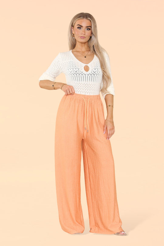 Wide Leg Elasticated Trousers with Soft Texture in Orange