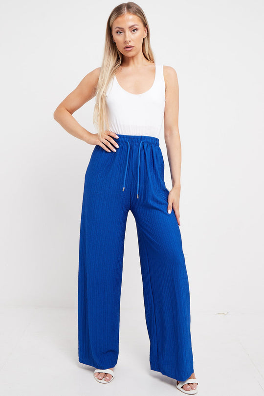 Wide Leg Elasticated Trousers with Soft Texture in Royal Blue