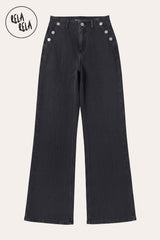 Front Flat lay of the Tall Girl Friendly button detail wide leg jeans in Charcoal, highlighting the extra-length proportions and wide-leg silhouette.