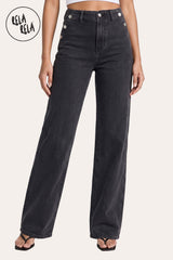 Front view of a model wearing Rela Rela Tall Girl Friendly button detail wide leg jeans in Charcoal. Highlights the extra-long inseam and the decorative high-waisted front.