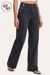 Side profile of the Charcoal wide leg jeans for tall women, showcasing the floor-skimming length and the structured, flattering drape.