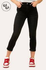 Black mid rise cropped skinny jeans for women with mid rise design