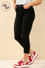 Black cropped skinny jeans womens side shot highlighting comfortable fit