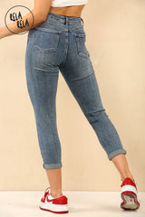 ack view of denim blue petite cropped jeans womens with rear pockets and slim fit