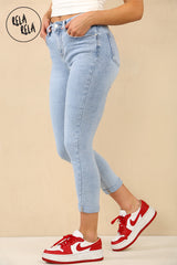 Light blue cropped denim jeans womens side angle, slim fit and mid rise design.