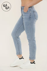 Side view of Blue ankle length slim fit jeans with high stretch for everyday wear