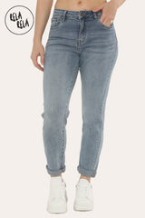 Front view of Mid Blue Wash Cropped Ankle Length Stretchy Slim Fit Jeans for Women
