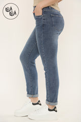 Side view of Cropped Ankle Length Stretchy Jeans in Indigo Blue – Slim Fit, Mid-Waist