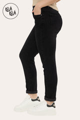 Side view of black stretchy slim fit cropped jeans