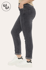 Side view of dark grey stretchy slim fit cropped jeans