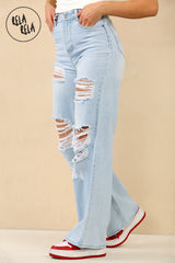 Light Blue Wash Wide Leg Ripped Denim Jeans