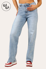 Soft stretchy blue jeans with wide leg cut — high rise fit for women