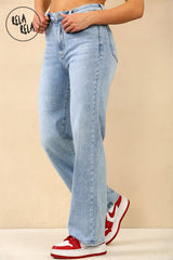 Side view of stretchy straight leg jeans with soft fit and flattering high rise in blue