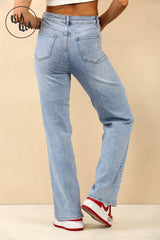 Back view of stretchy high rise soft stretchy jeans for women in blue