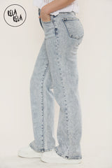 Side view of stretchy straight leg jeans with soft fit and flattering high rise in acid wash