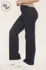 side view of stretchy straight leg jeans with soft fit and flattering high waist in rinse blue
