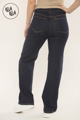Back view of high waisted stretchy blue jeans for women in rinse blue