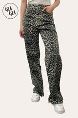 Front View of Leopard Print Viral Stretchy Mid-Waist Dad Fit Wide Leg Jeans
