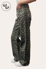 Side View of Leopard Print Viral Stretchy Mid-Waist Dad Fit Wide Leg Jeans