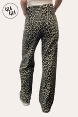 Back View of Leopard Print Viral Stretchy Mid-Waist Dad Fit Wide Leg Jeans
