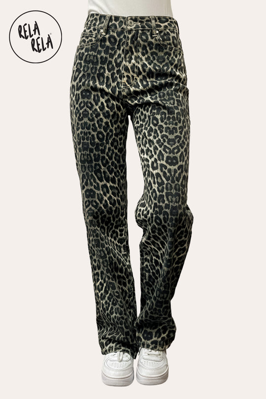 Leopard Print Viral Stretchy Mid-Waist Dad Fit Wide Leg Jeans