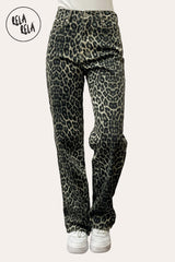 Front View of Leopard Print Viral Stretchy Mid-Waist Dad Fit Wide Leg Jeans