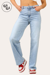 Soft stretchy wide leg jeans in light blue — high rise fit for women