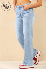 Side view of stretchy straight leg jeans with soft fit and flattering high rise in light blue